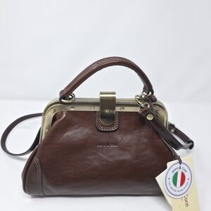 Gianni Conti Italian Leather Doctor Bag Frame Satchel Brown Vintage Style NWT